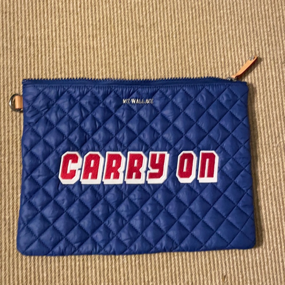 MZ Wallace Blue Quilted 'CARRY ON' Pouch with Red White Appliqué